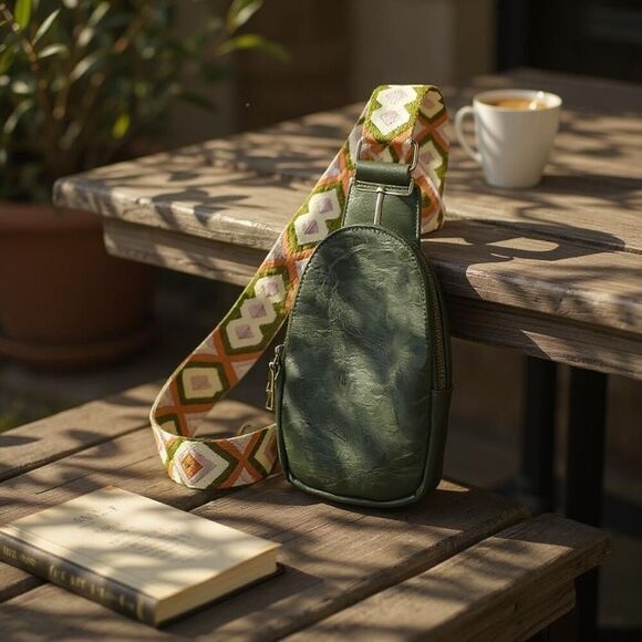 Boho Olive Green Leather Sling Bag Purse With Adjustable Guitar Strap New - Picture 3 of 9